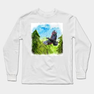 Happy Raven flying through the forest Long Sleeve T-Shirt